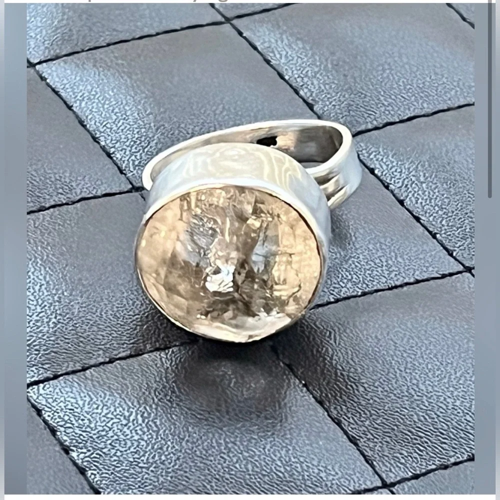 Vintage Modernist 925 Rock Crystal Bezel Set Heavy Sterling Silver Ring Size 7